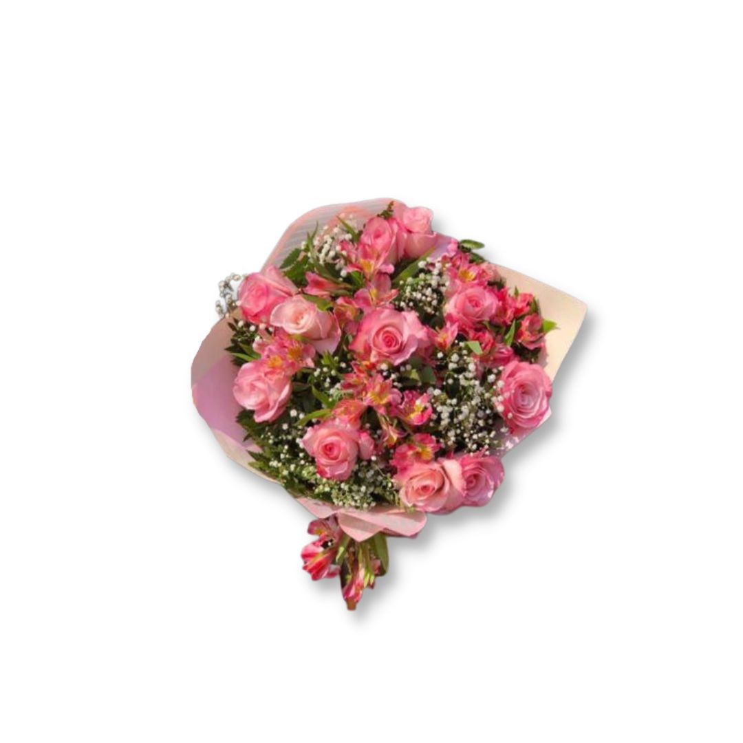 Buquê Pink Passion 12 Rosas e Astromelias
